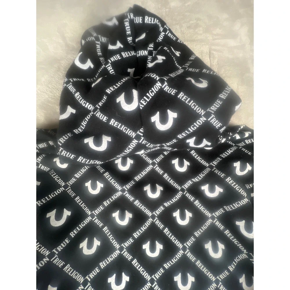 True Religion Mens Black White All Over Logo Print Pullover Hoodie Size Large